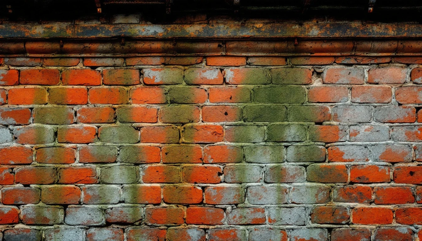 A brick house wall showing damp staining and green algae streaks below a gutter