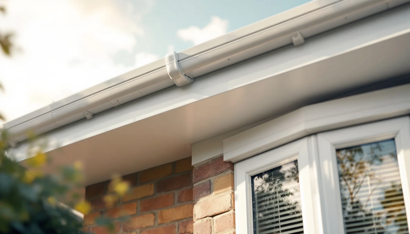 White fascia boards, soffits and guttering along the roofline of a detached house