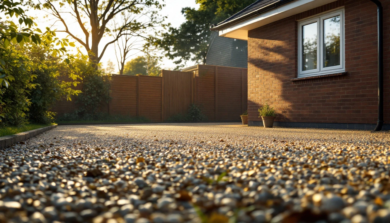 A tidy domestic driveway of a Kent home with clean guttering along the roofline in warm afternoon light