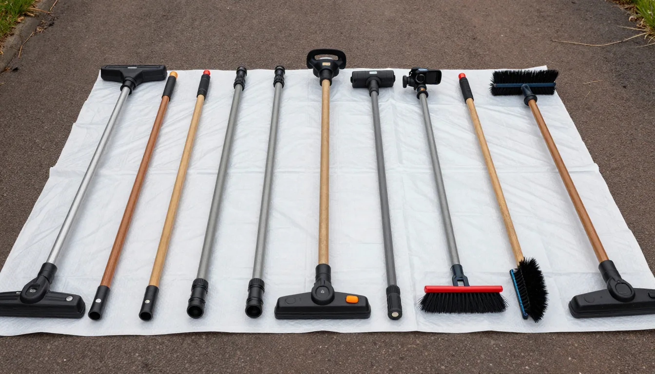 Vacuum poles, camera head and brushes laid out on a tarpaulin on a driveway