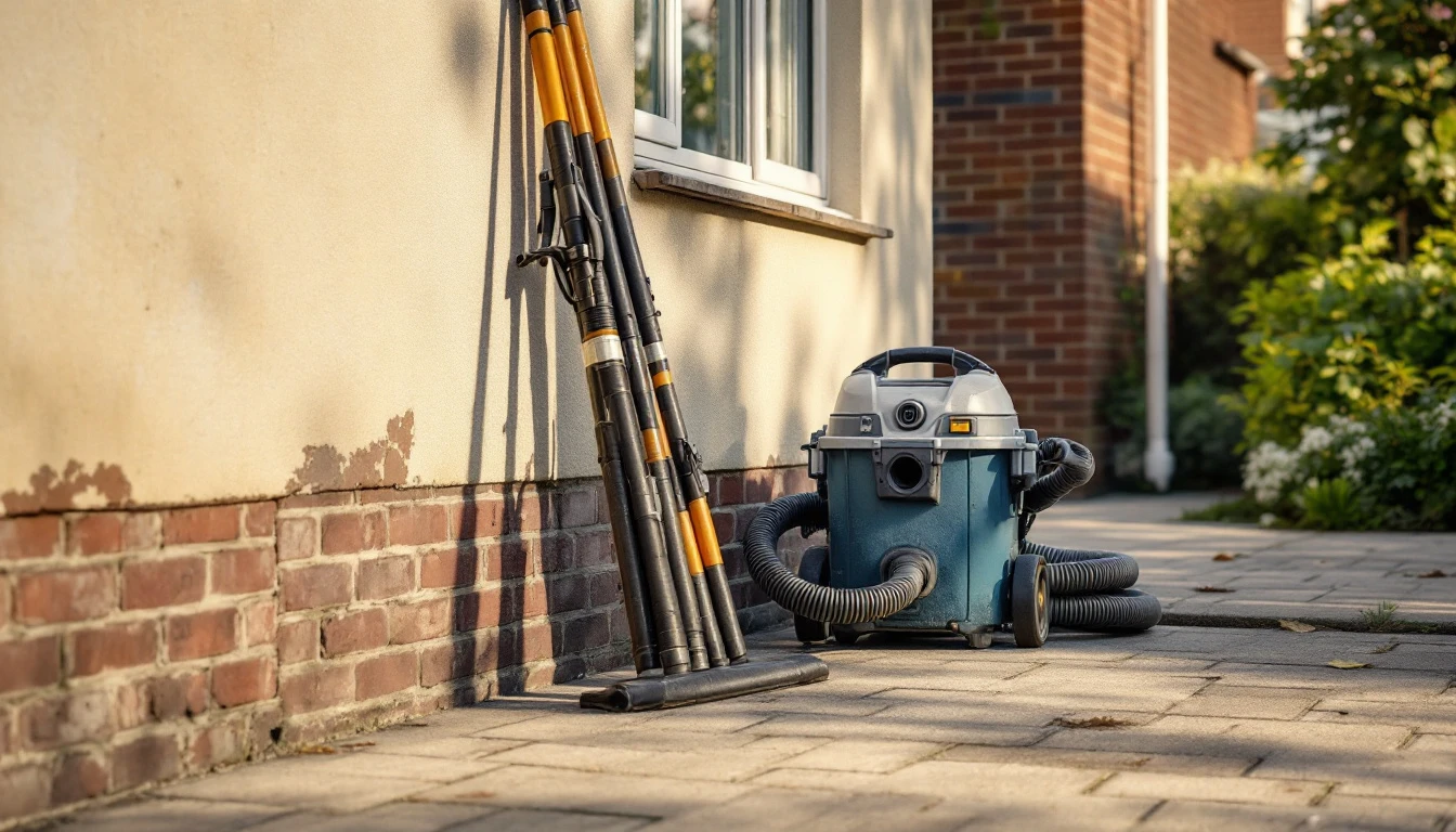 Industrial gutter vacuum equipment and coiled poles resting against the wall of a domestic house on a driveway
